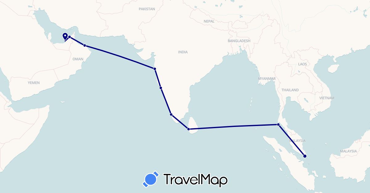 TravelMap itinerary: driving in United Arab Emirates, India, Sri Lanka, Oman, Singapore, Thailand (Asia)